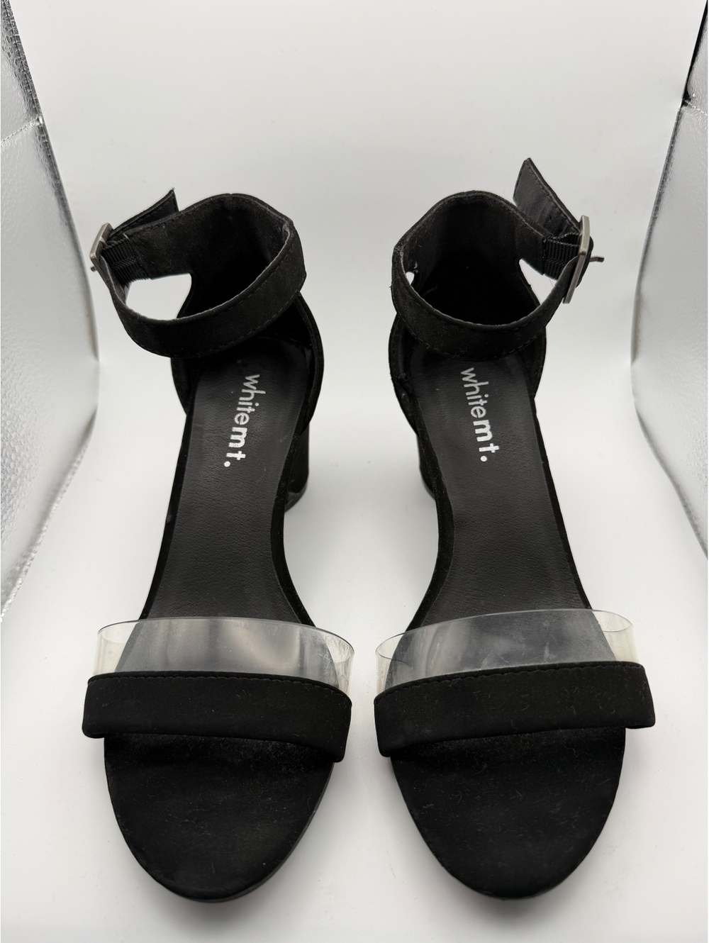 Black Ankle Strap Block Heel Sandals with Clear Band